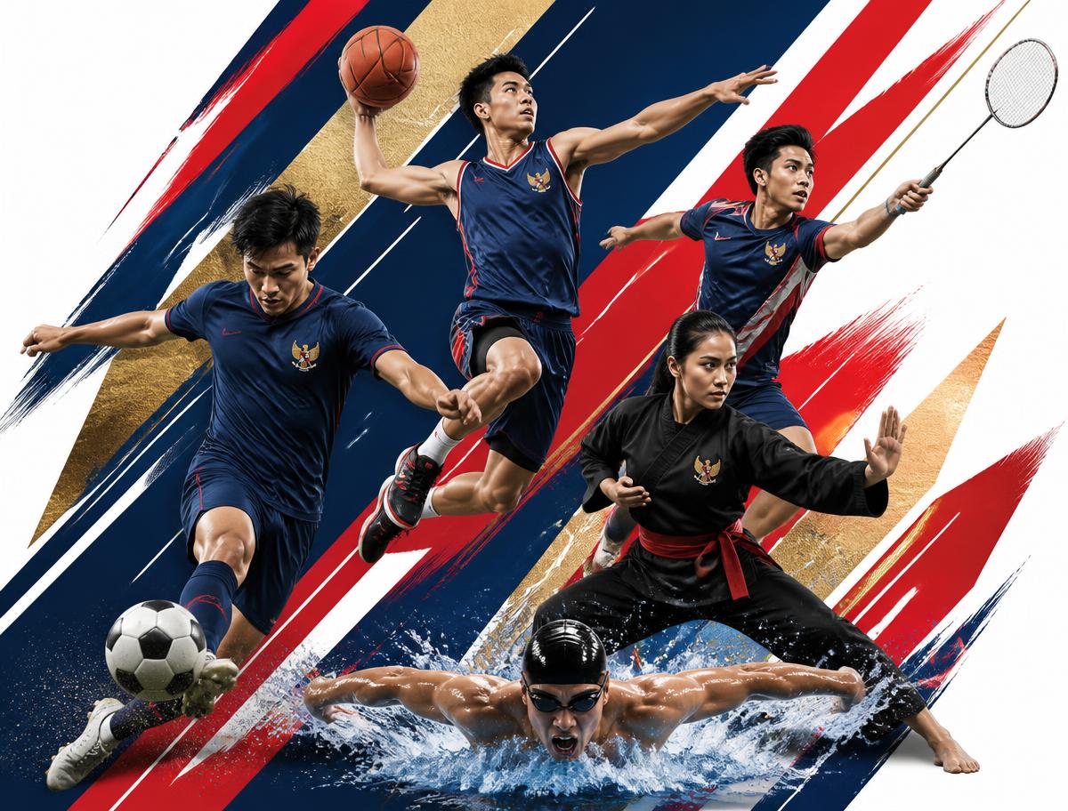 Kolase atlet Kotabaru dari cabang sepak bola, basket, badminton, pencak silat, dan renang